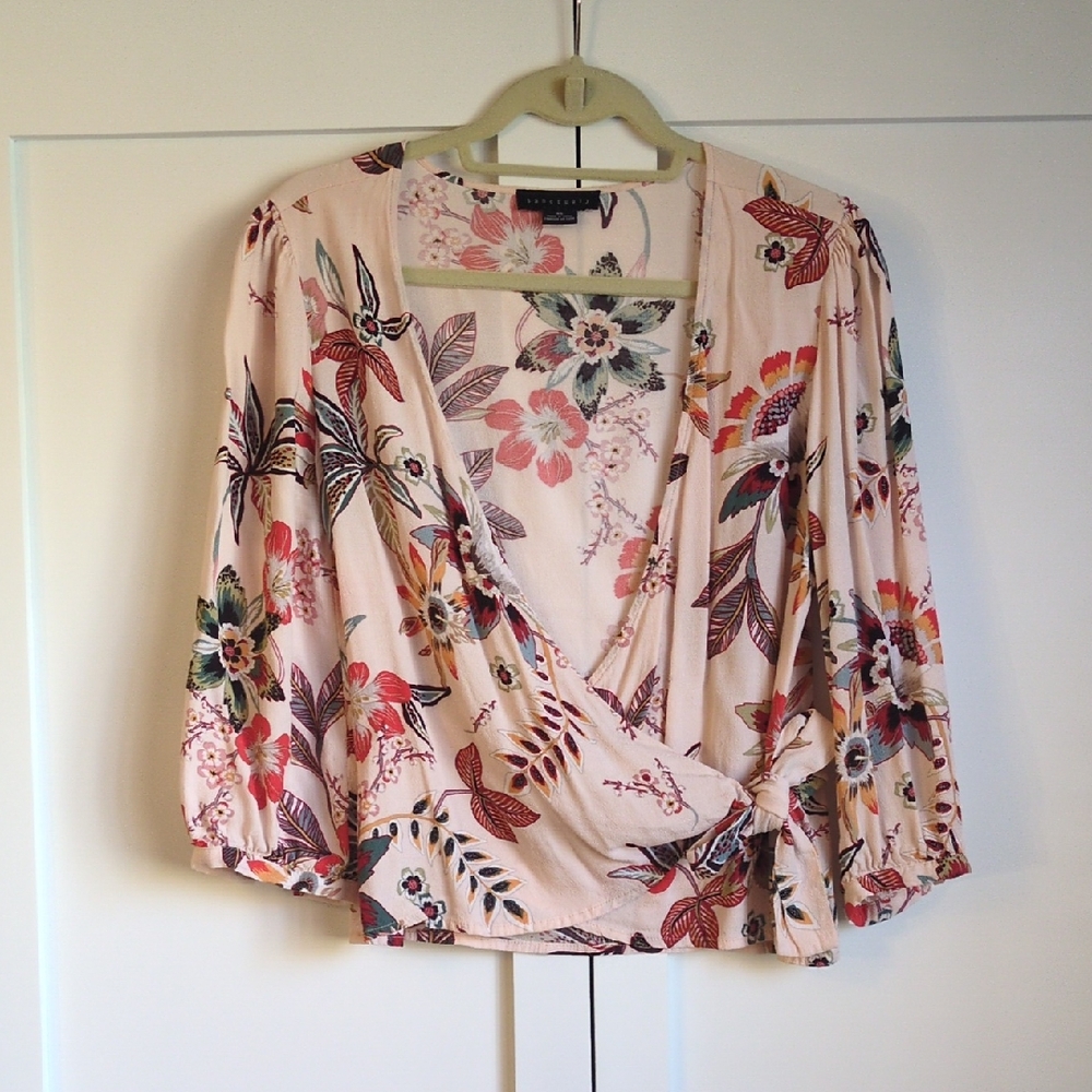 Sanctuary Floral Wrap Pink Green Blouse Balletcore Size XS